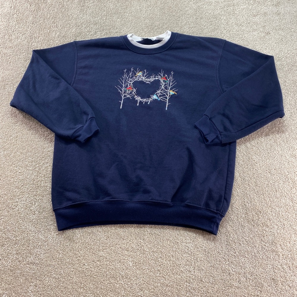 Allison Lane Sweatshirt Womens XL Navy Blue Bird Heart Embroidered Double Collar